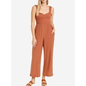 Roxy Adventure Bound Baked Clay Wide Leg Jumpsuit Size L Striped Linen Blend